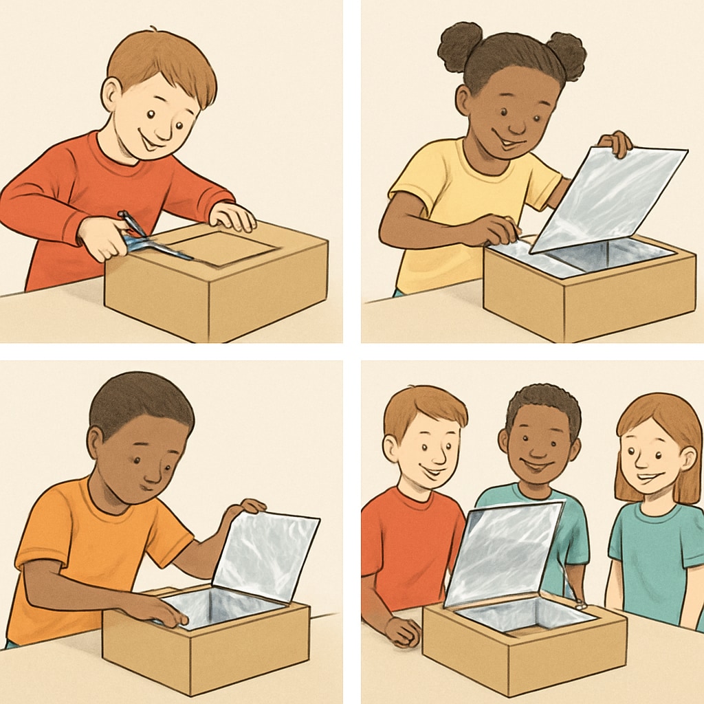 Children constructing solar oven from cardboard box with aluminum foil DIY solar oven science project for kids
