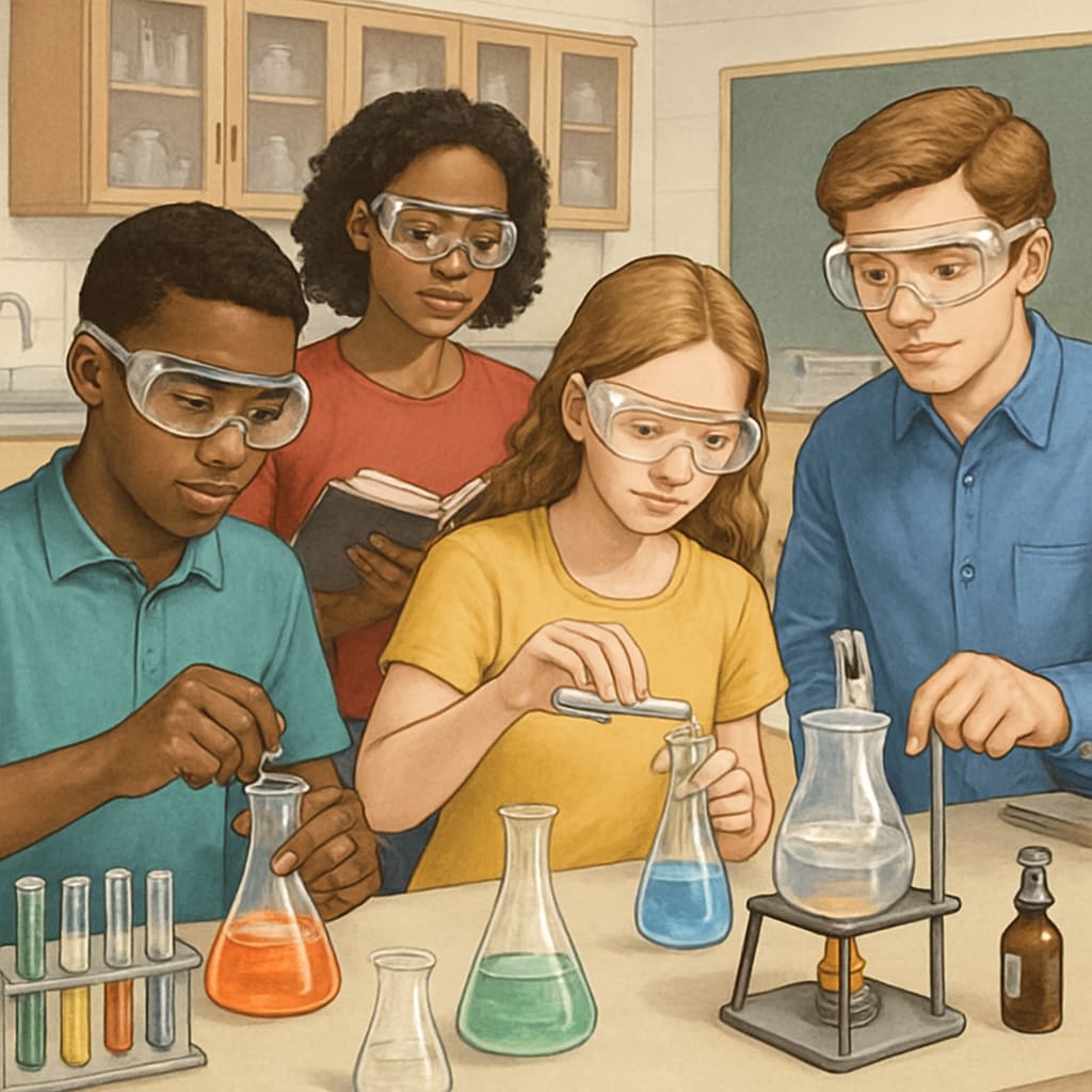 Group of diverse high school students wearing safety goggles while conducting chemistry experiments in a school laboratory High school chemistry research project experimentation