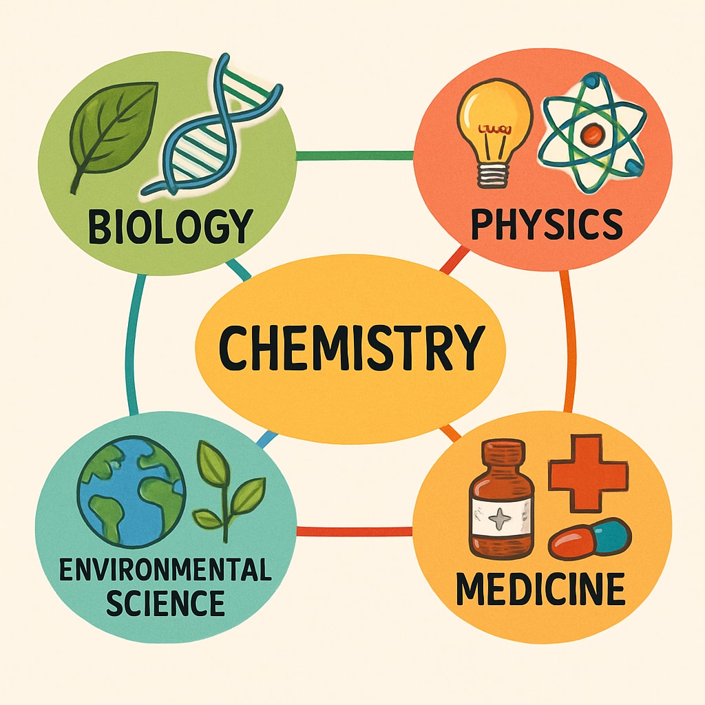 Colorful concept map illustrating connections between chemistry and biology, physics, environmental science, and medicine Interdisciplinary chemistry research connections
