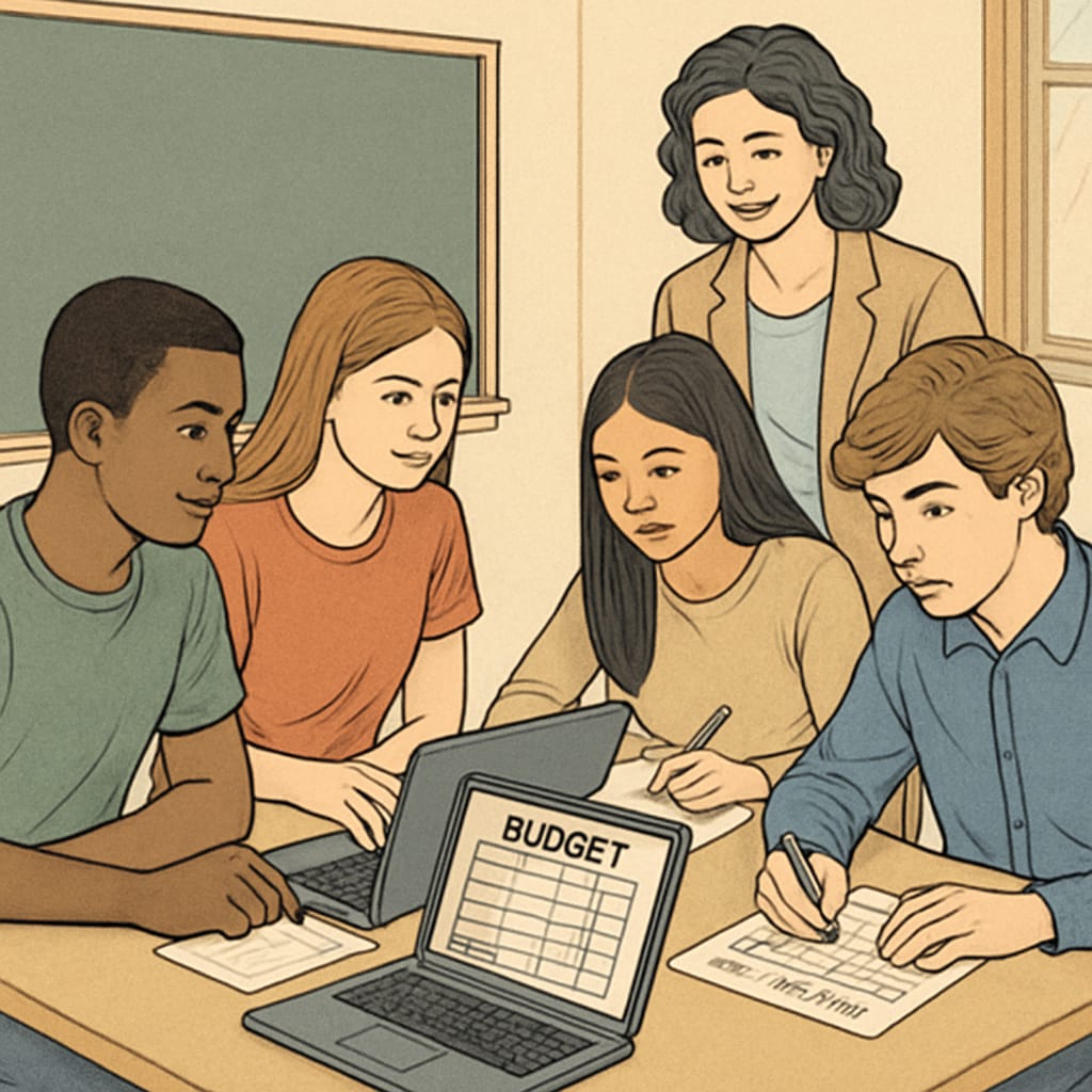 Diverse group of high school students collaboratively working on budget spreadsheets, with teacher guidance Financial education in schools - students learning budgeting