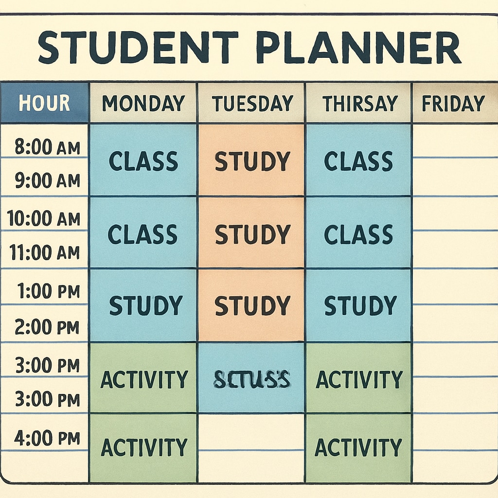Detailed close-up of color-coded student planner showing time blocks for classes, study, and extracurriculars Time management school curriculum visual aid