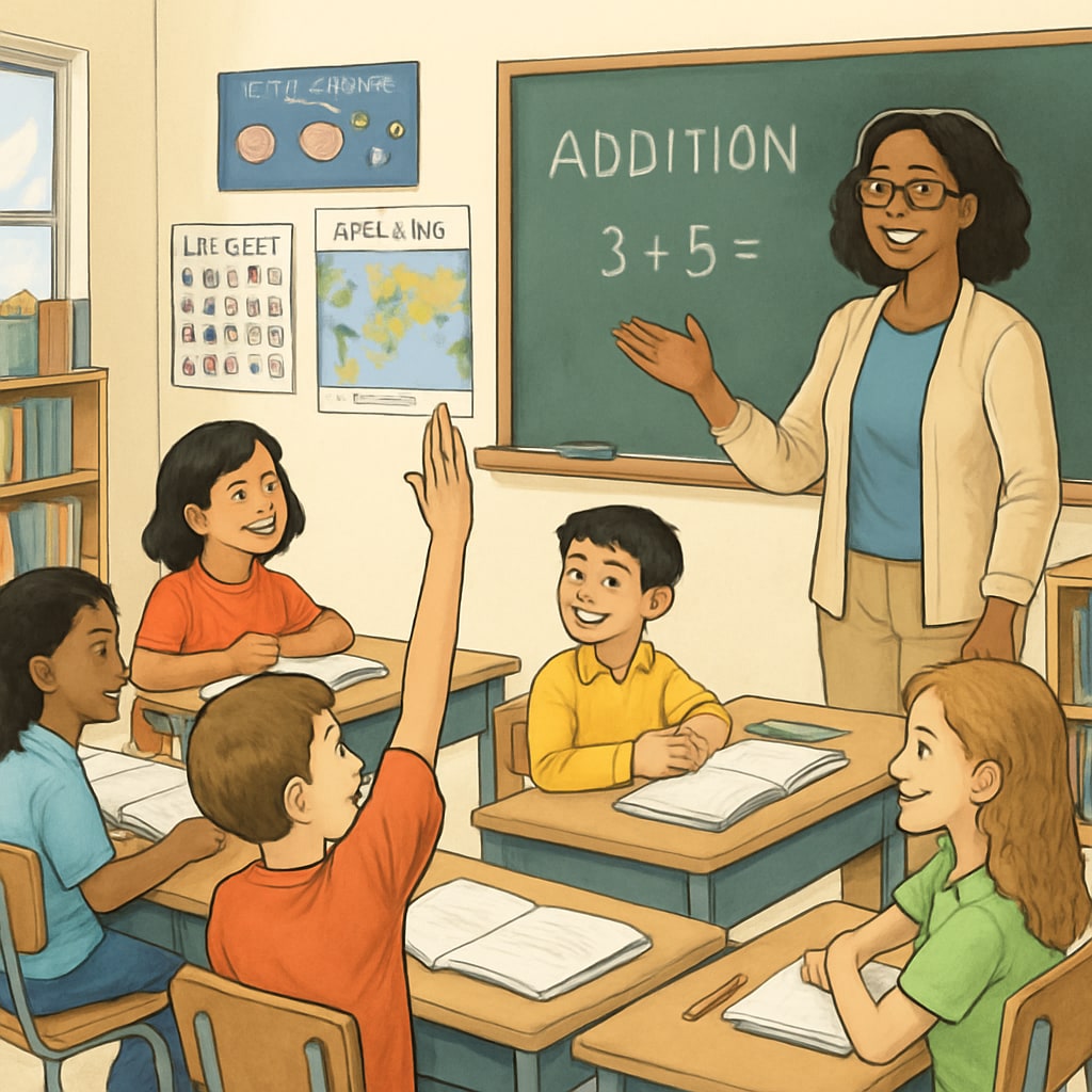 A well-managed diverse classroom showing positive student-teacher interaction Public school classroom with engaged students and teacher