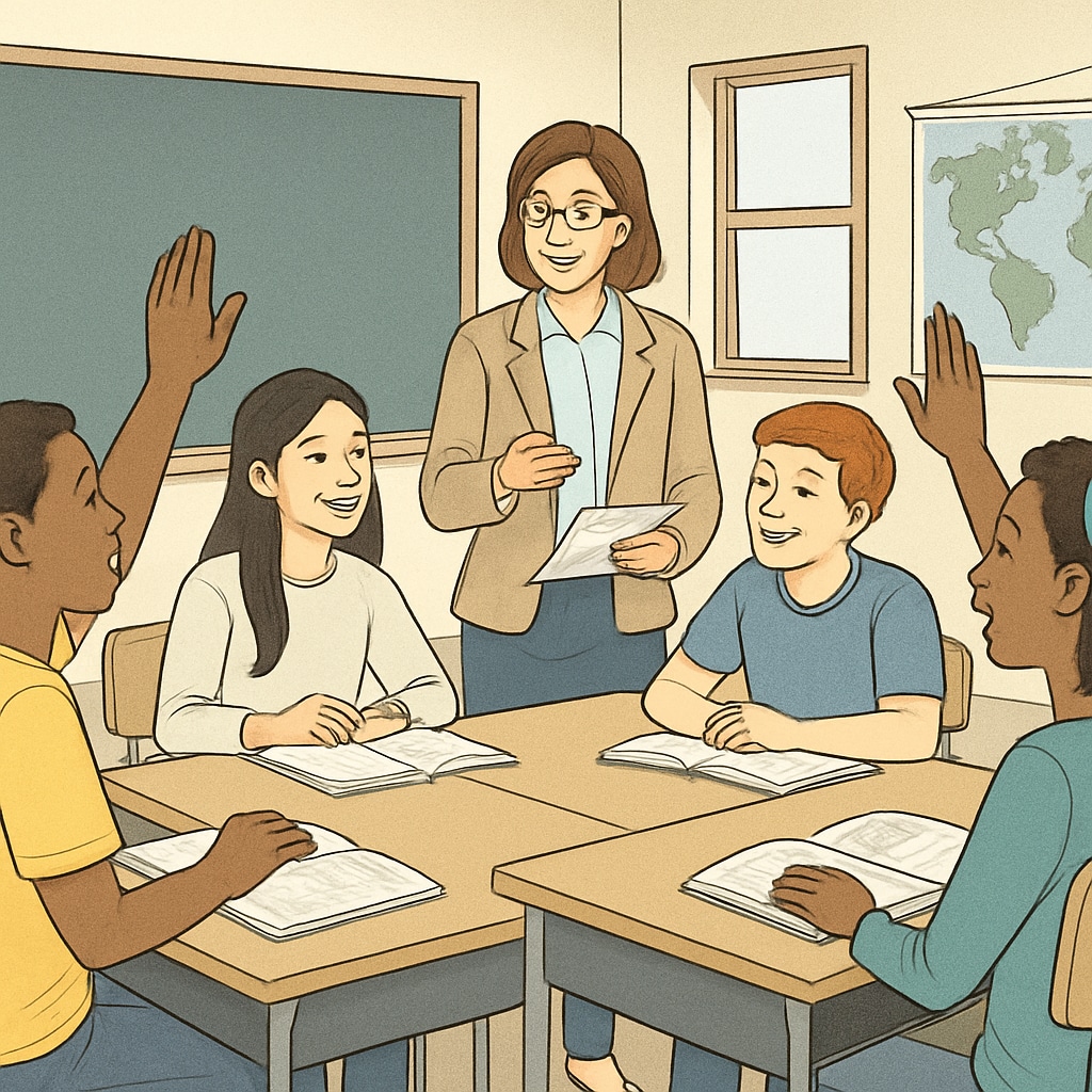 Group of diverse students engaged in a classroom discussion, with a teacher facilitating. Education fostering critical thinking and diverse perspectives in students