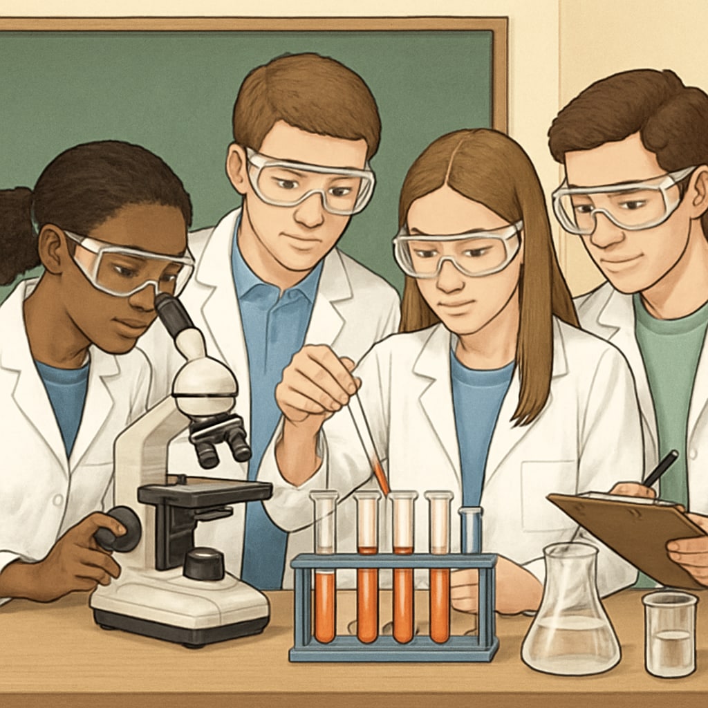 High school science class conducting an experiment with lab equipment. Teacher demonstrating critical thinking through hands-on education