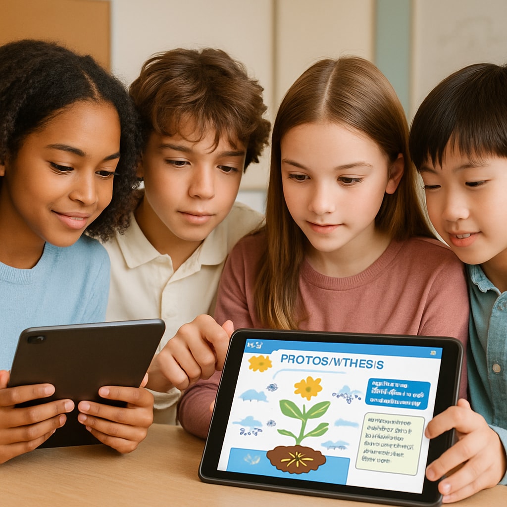 Diverse group of middle school students collaboratively using Gurwi app on tablets, showing colorful science module about plant photosynthesis Interactive learning app demonstrating science concepts