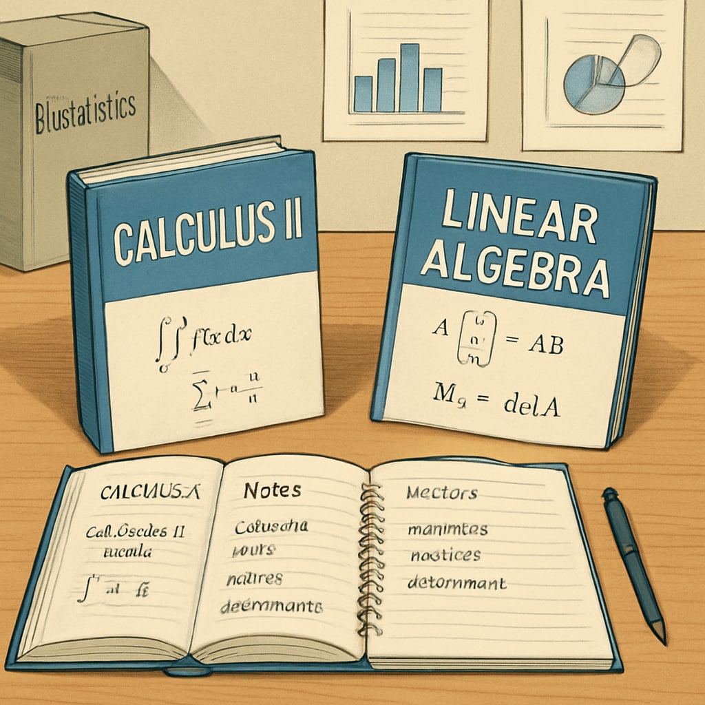 College student comparing Calculus II and Linear Algebra textbooks on a desk, with biostatistics materials in the background Mathematics course selection for biostatistics students comparing calculus and linear algebra