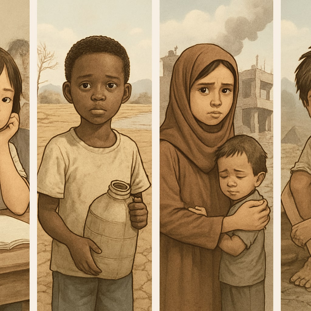 Comparative view of children facing humanitarian challenges worldwide