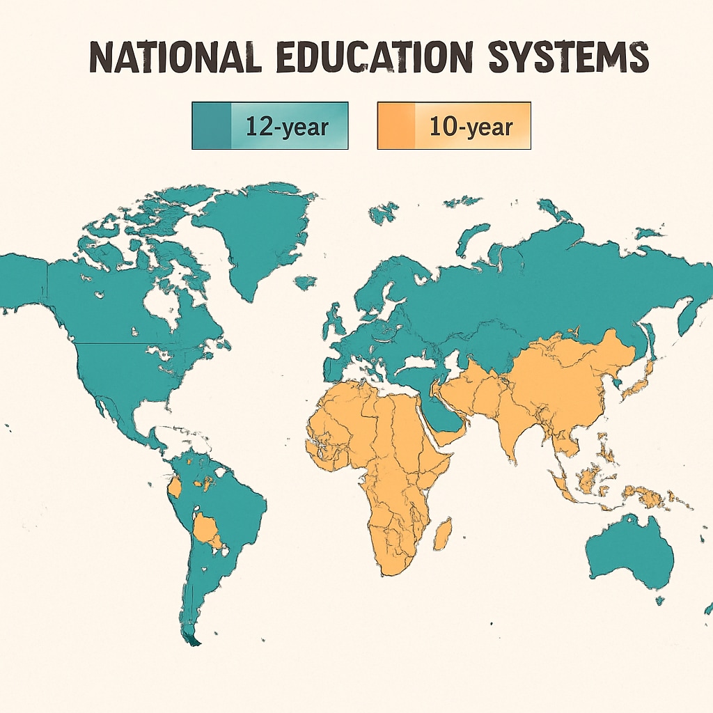 World map visualization showing different national education systems with color gradients indicating 10-year vs. 12-year structures Global education system differences map for international student admissions