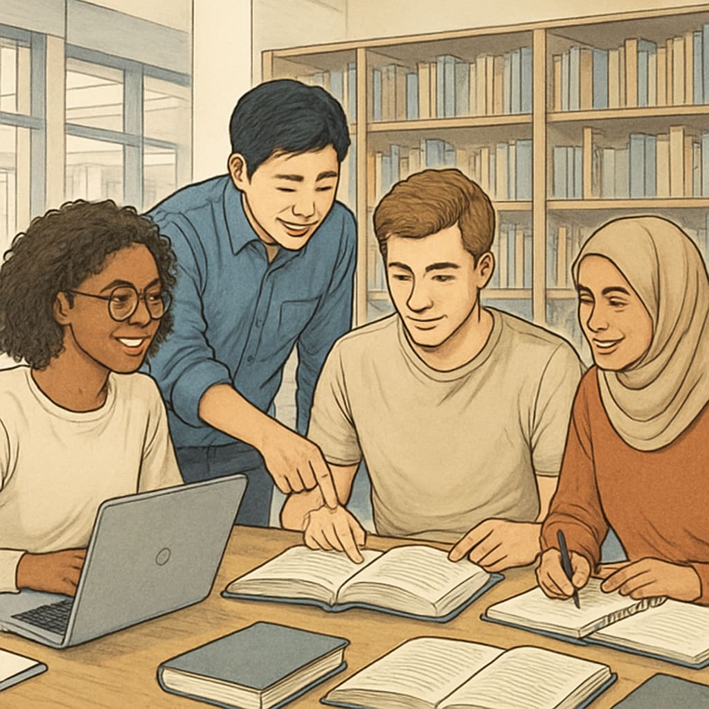 Diverse group of university students collaborating in modern library setting International students overcoming education year differences in university