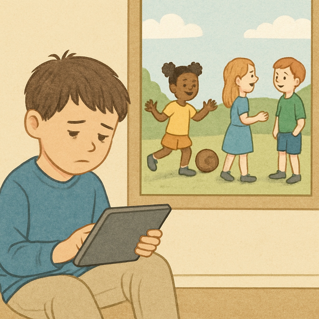 A lonely child using a tablet while peers engage in outdoor group activities Child tech addiction versus social play for mental health
