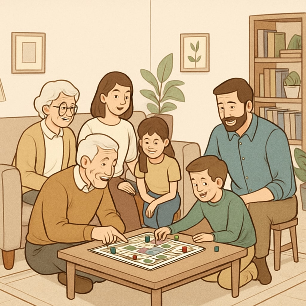 Multi-generational family playing board games in a device-free living room Healthy alternatives to screens for child education