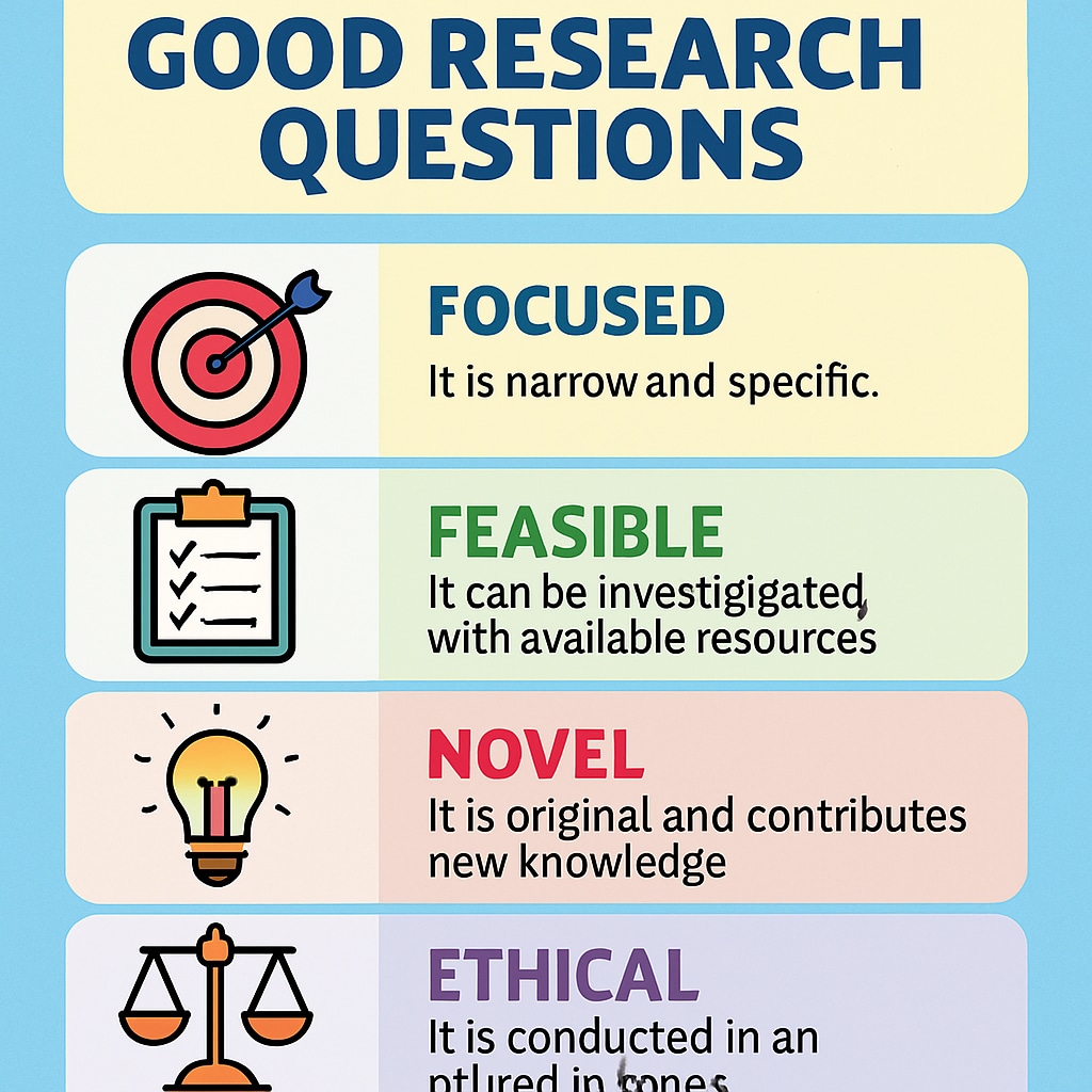 Colorful infographic showing five characteristics of good research questions with icon representations and simple explanations Five essential qualities of effective research questions for academic projects
