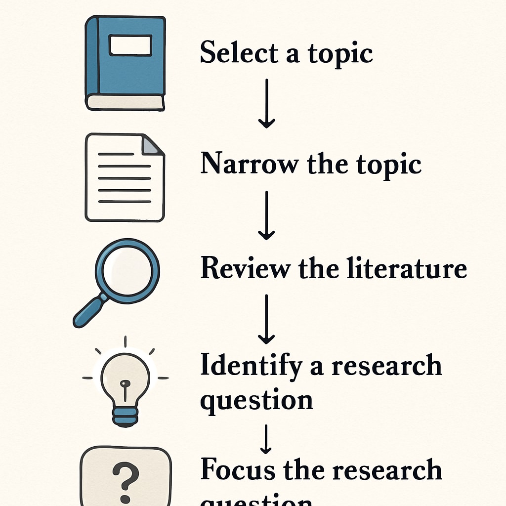 Step-by-step flowchart showing the research question development process from broad topic to focused inquiry Three-phase research question formulation method visual guide