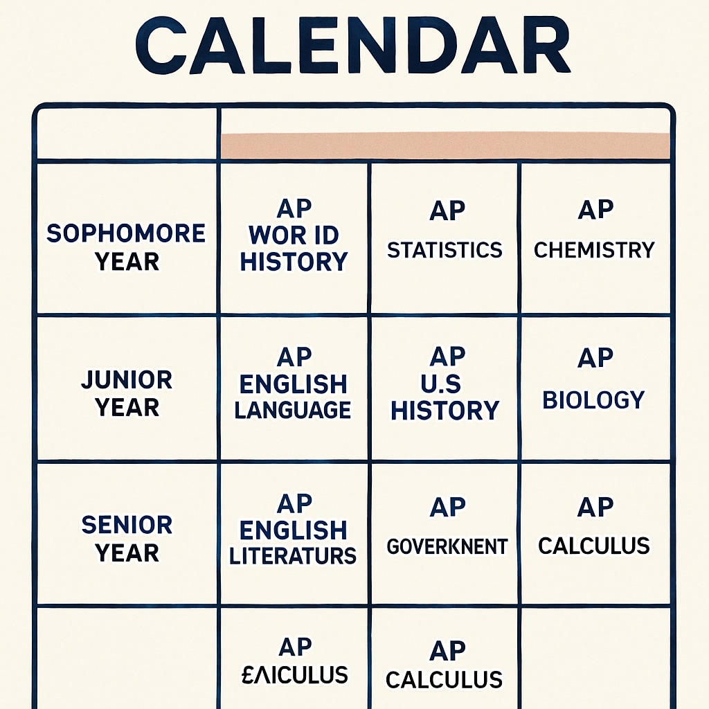 A well-organized calendar showing balanced distribution of AP courses across sophomore, junior, and senior years Balanced AP course schedule for high school planning