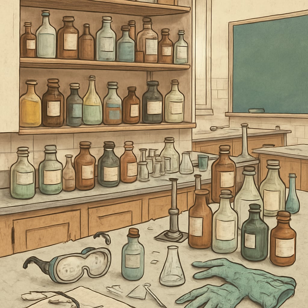 Cluttered high school laboratory showing unlabeled chemical bottles and broken safety equipment Academic supervisors enabling lab safety hazards through unprofessional education management