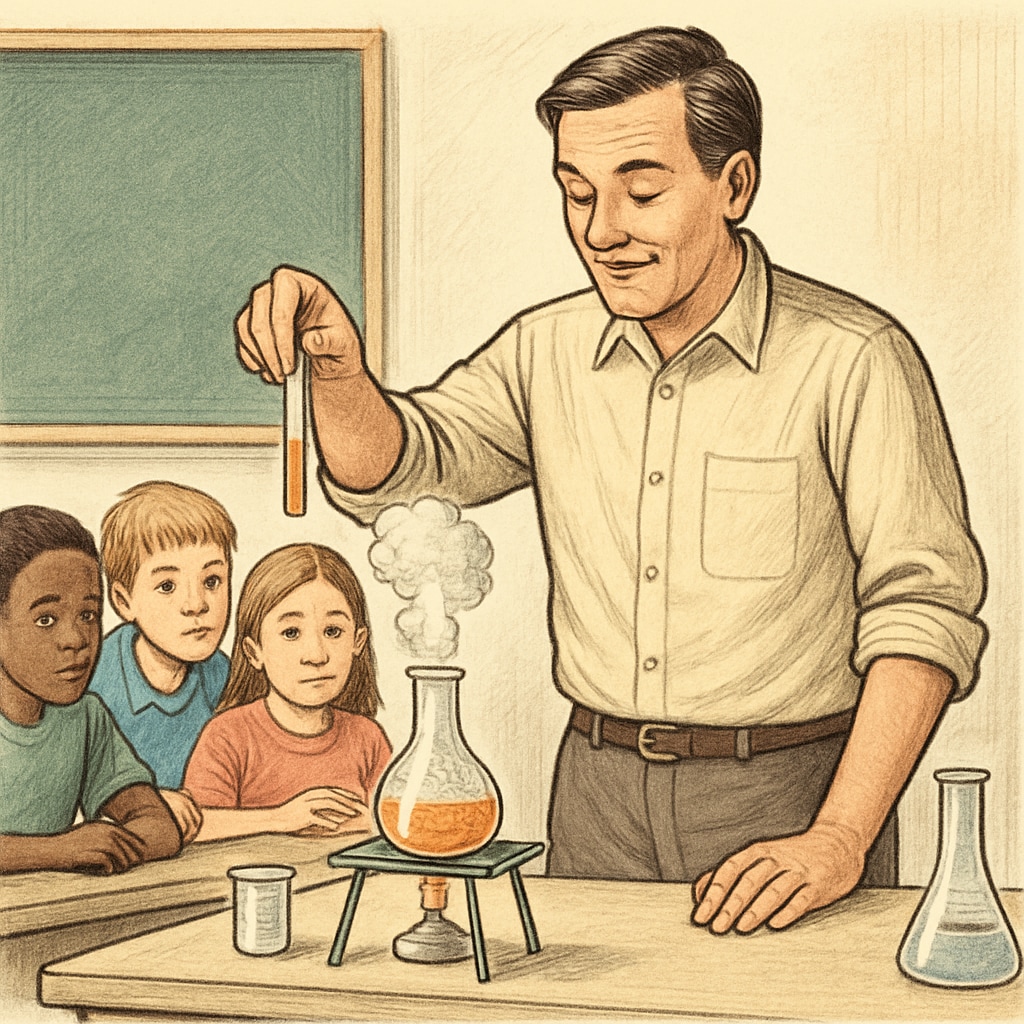 Educator demonstrating chemical reaction without protective gear as students watch closely Unqualified academic leaders ignoring lab safety protocols