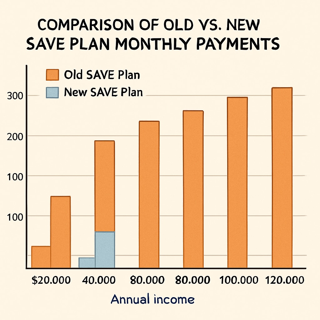 Color-coded bar chart comparing old vs new SAVE plan monthly payments across income levels Visual comparison of student loan repayment increases under revised SAVE plan
