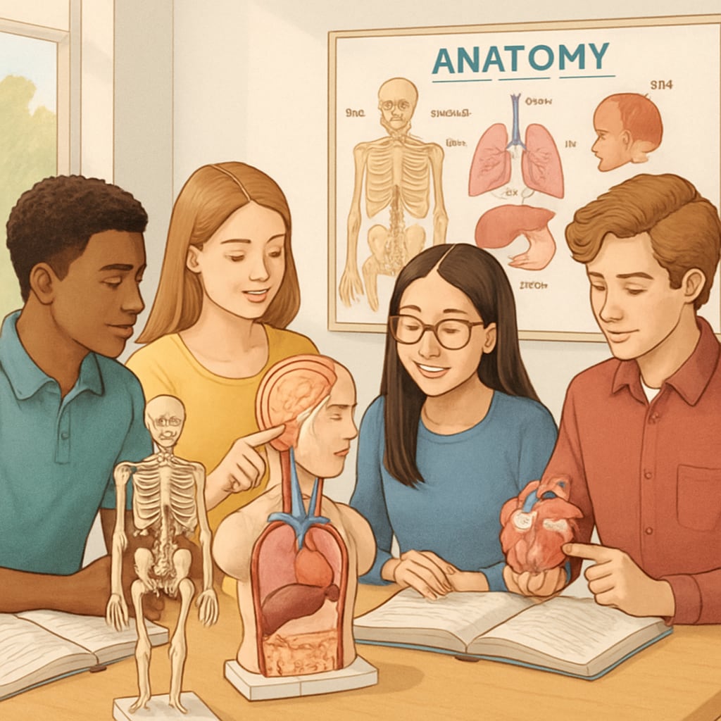 Diverse group of high school students studying human anatomy with 3D models in a classroom setting Gifted students exploring neuroscience concepts