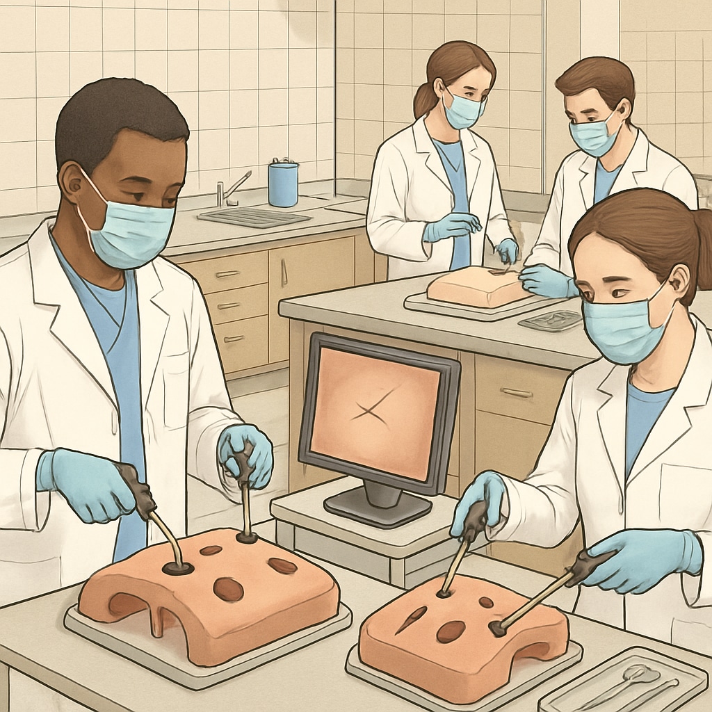 Close-up of medical students practicing surgical techniques with simulation equipment in a training lab Surgical skill development for aspiring neurosurgeons