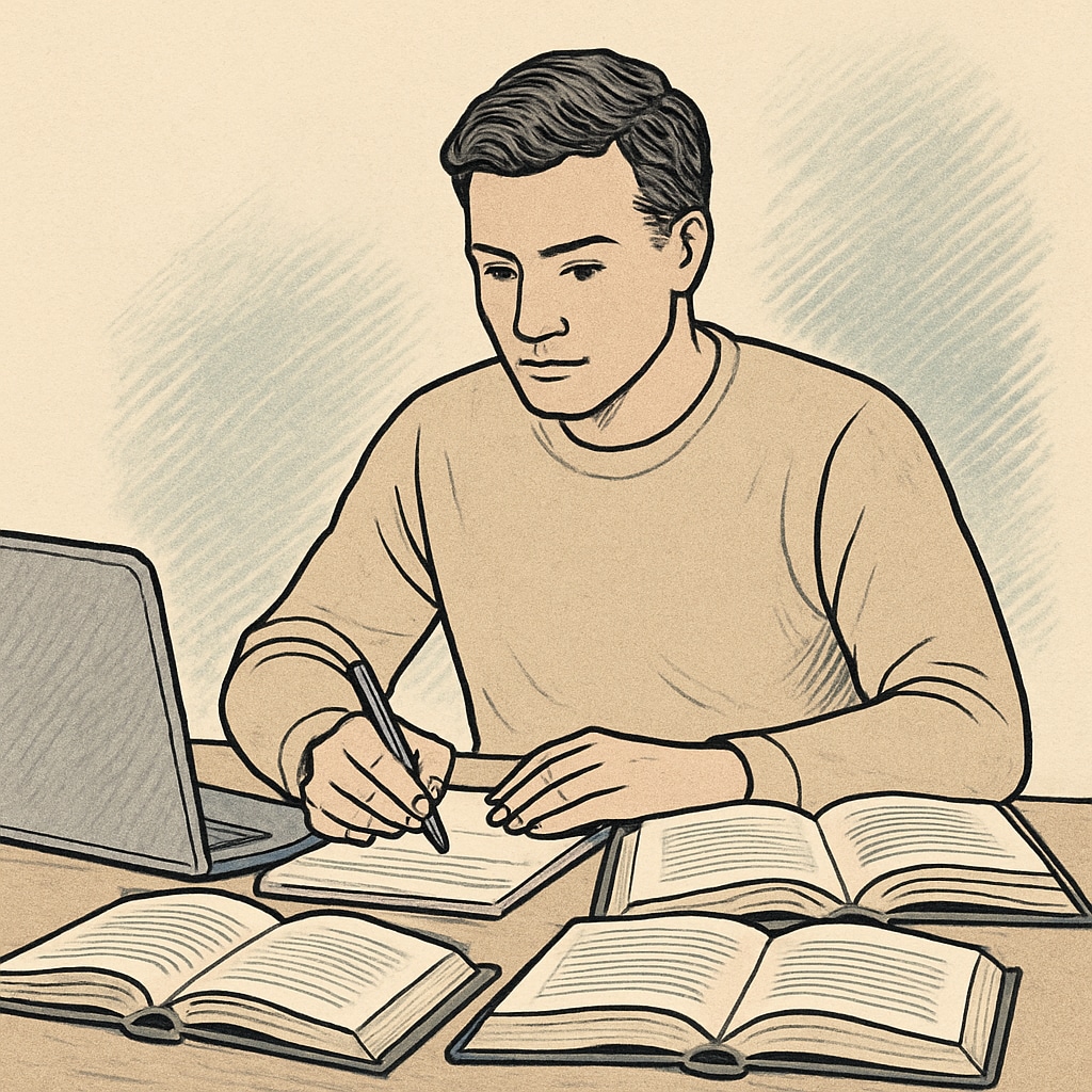 An adult learner surrounded by open books and a laptop, taking notes with focused expression Adult addressing educational gaps through self-study