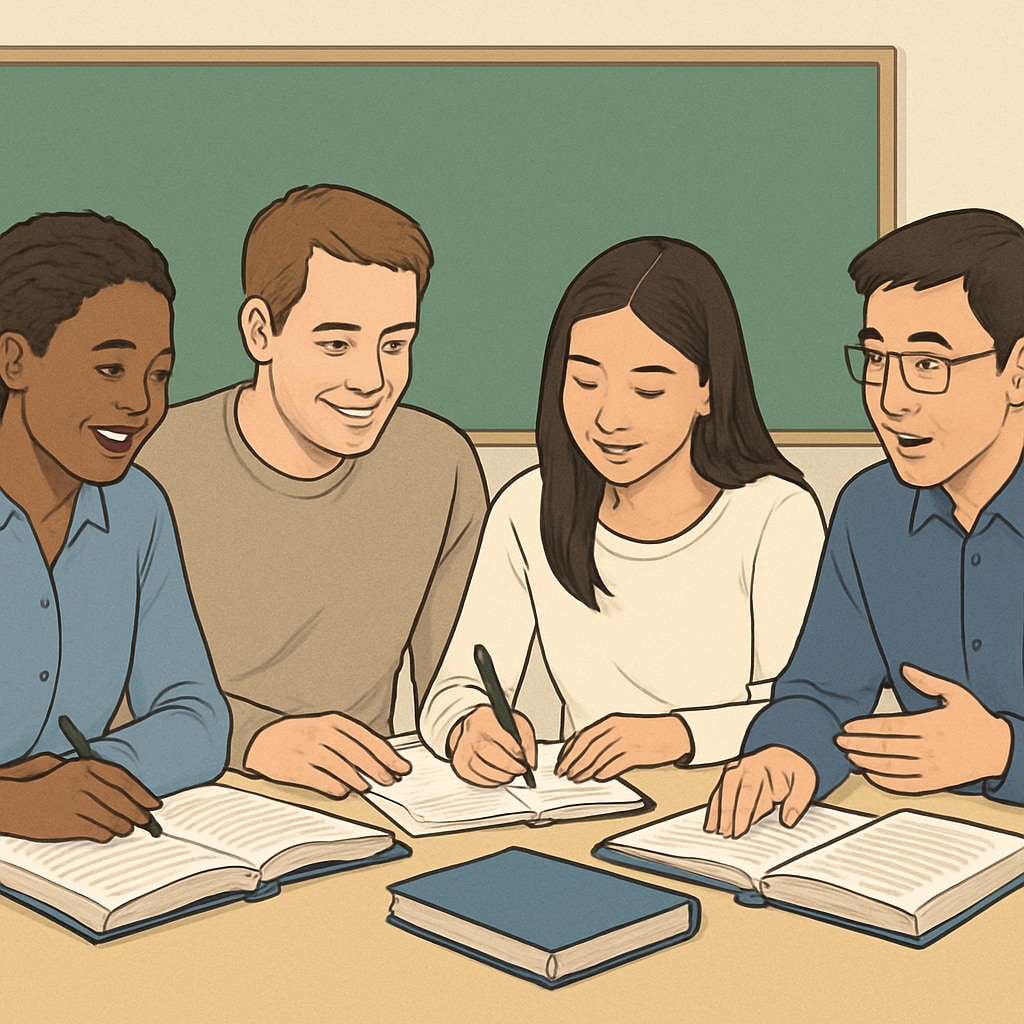 Diverse group of adult students working together at a table with learning materials Collaborative learning to overcome foundational knowledge gaps