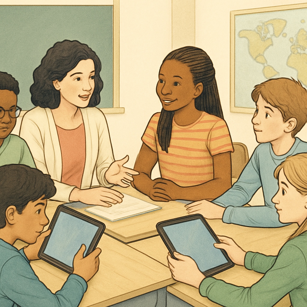A diverse group of middle school students collaborating in a classroom, with some using tablets while others discuss ideas with their teacher. The image shows a balanced mix of technology use and interpersonal interaction. Students practicing critical thinking with AI education tools