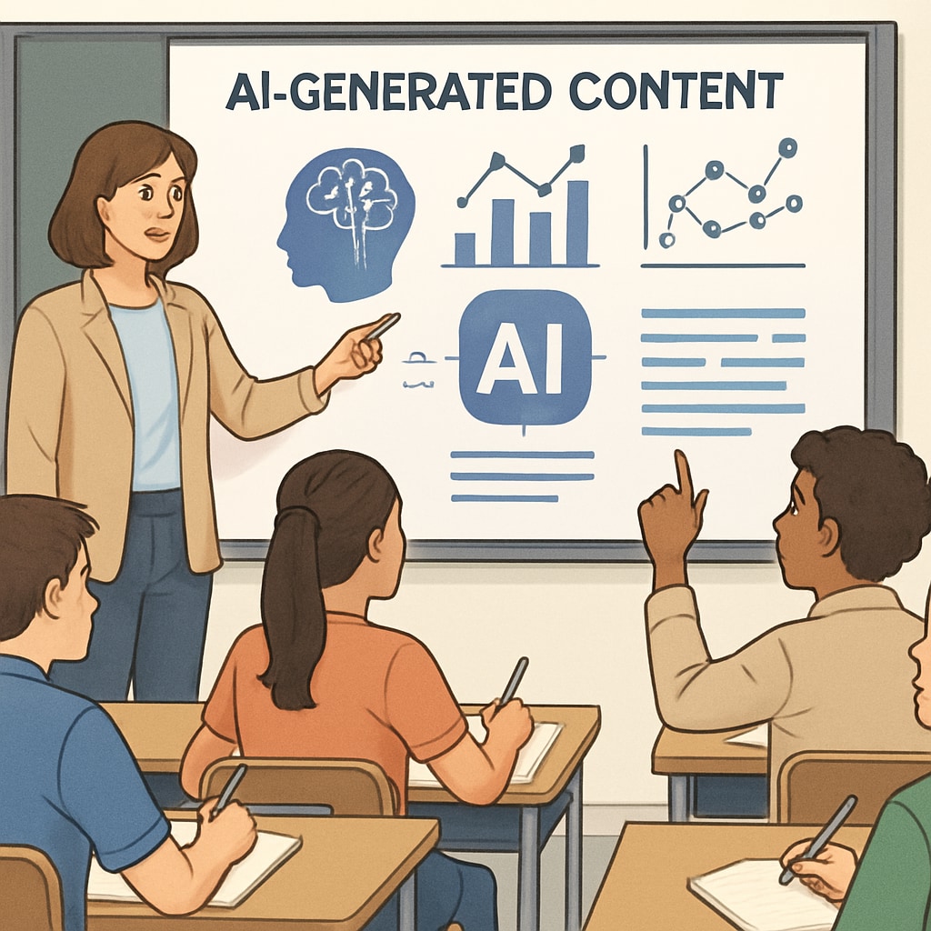 A teacher pointing to a smartboard displaying AI-generated content while students analyze the material. The classroom setting shows engaged learners taking notes and asking questions. Educator guiding critical analysis of AI outputs in classroom