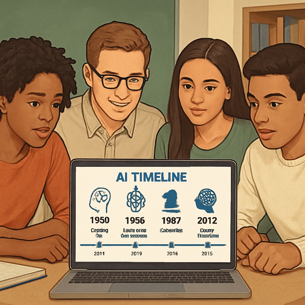 Students engaged in AI history interactive project