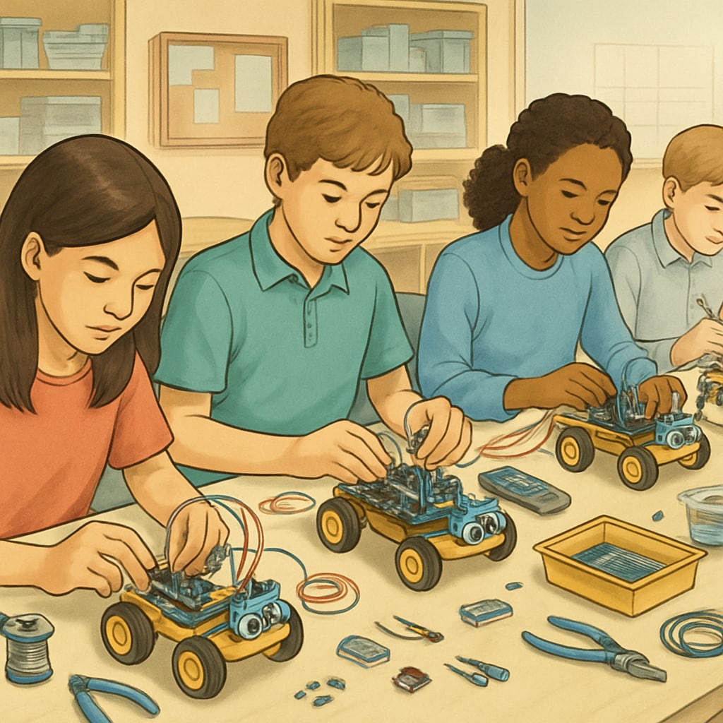 Group of middle school students building simple robots at workstations with microcontrollers and various sensors Beginner robotics course students engaged in hands-on learning