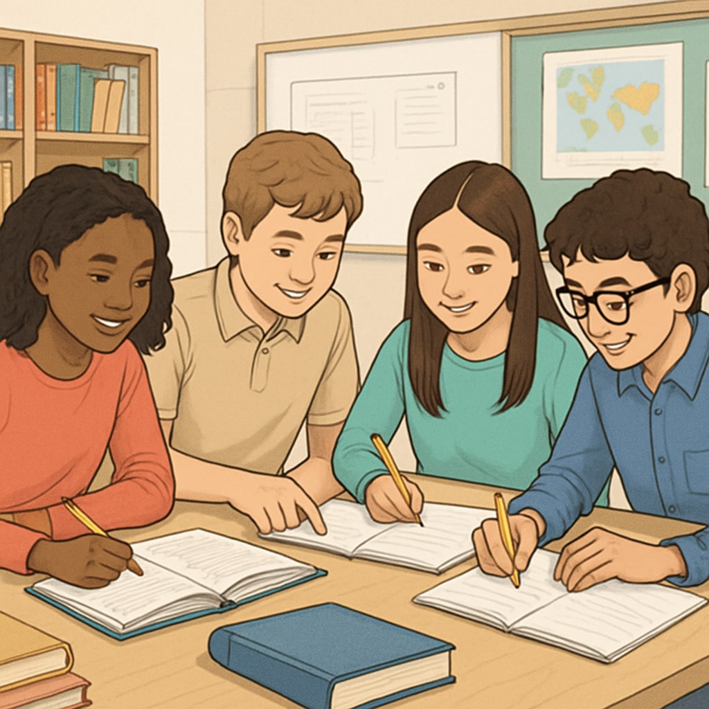 A diverse group of middle school students working together at a table in a bright classroom, representing the collaborative environment in both public and private schools. Students collaborating in a California classroom - public vs private school education choices
