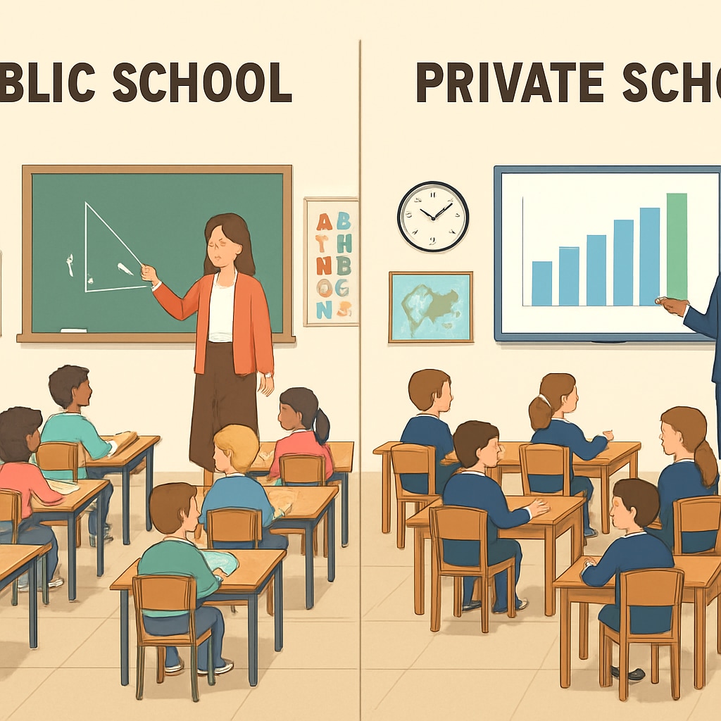 Comparative image showing typical classroom settings in public and private schools, highlighting differences in facilities and student-teacher ratios. Comparing classroom environments in public and private schools