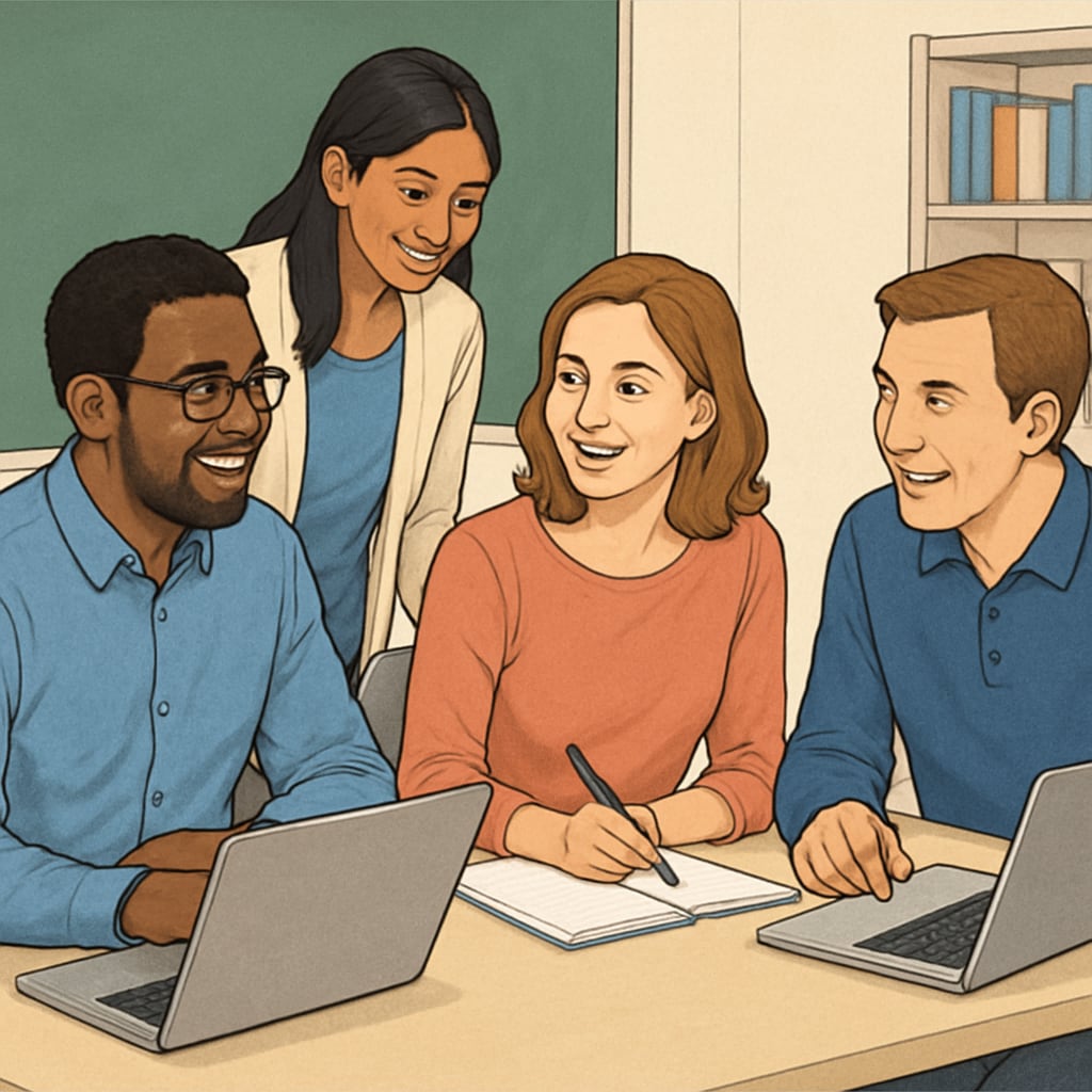 Diverse group of adult students collaborating in classroom with laptops and notebooks Adult learners in formal education setting overcoming age concerns