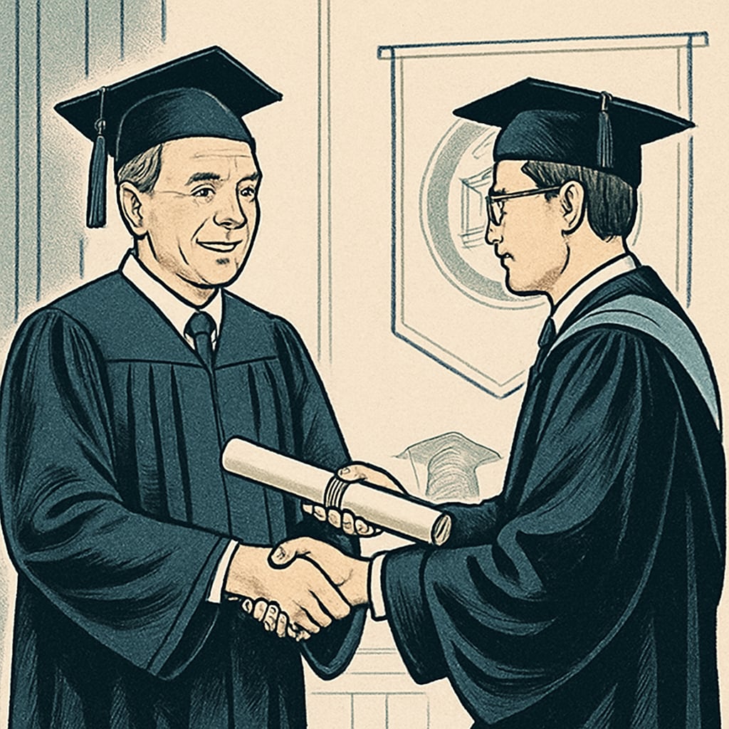 Middle-aged professional receiving diploma at graduation ceremony Adult formal education certification achievement