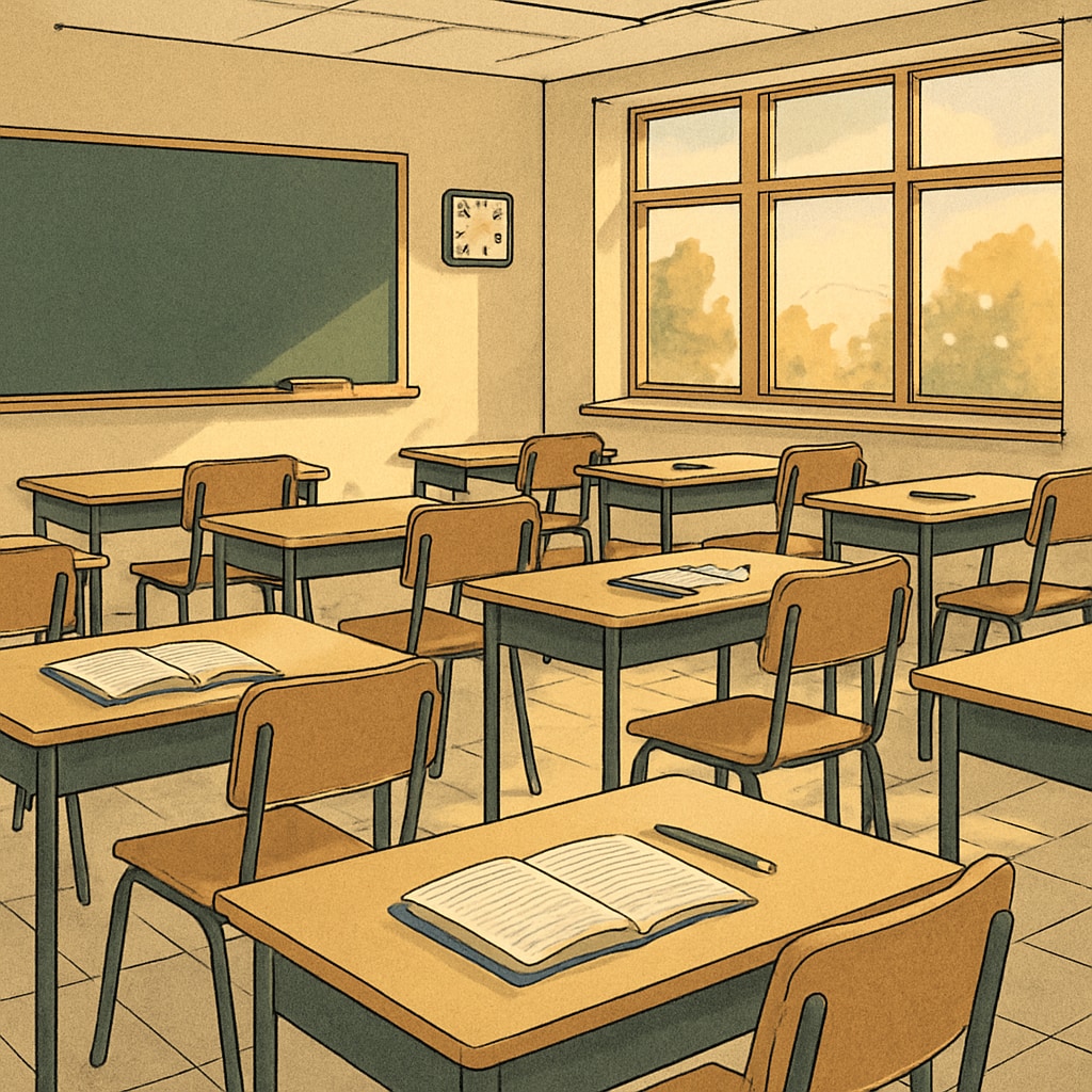 An empty university classroom with chairs half-pushed in and open notebooks on desks, afternoon light streaming through windows Post-course motivation theory classroom emptiness triggering learning fatigue