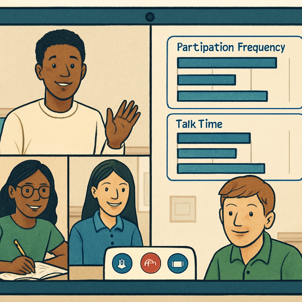 Diverse students on a video call platform with engagement metrics (participation frequency, talk time) displayed graphically Digital learning community applying motivation theory against post-course fatigue