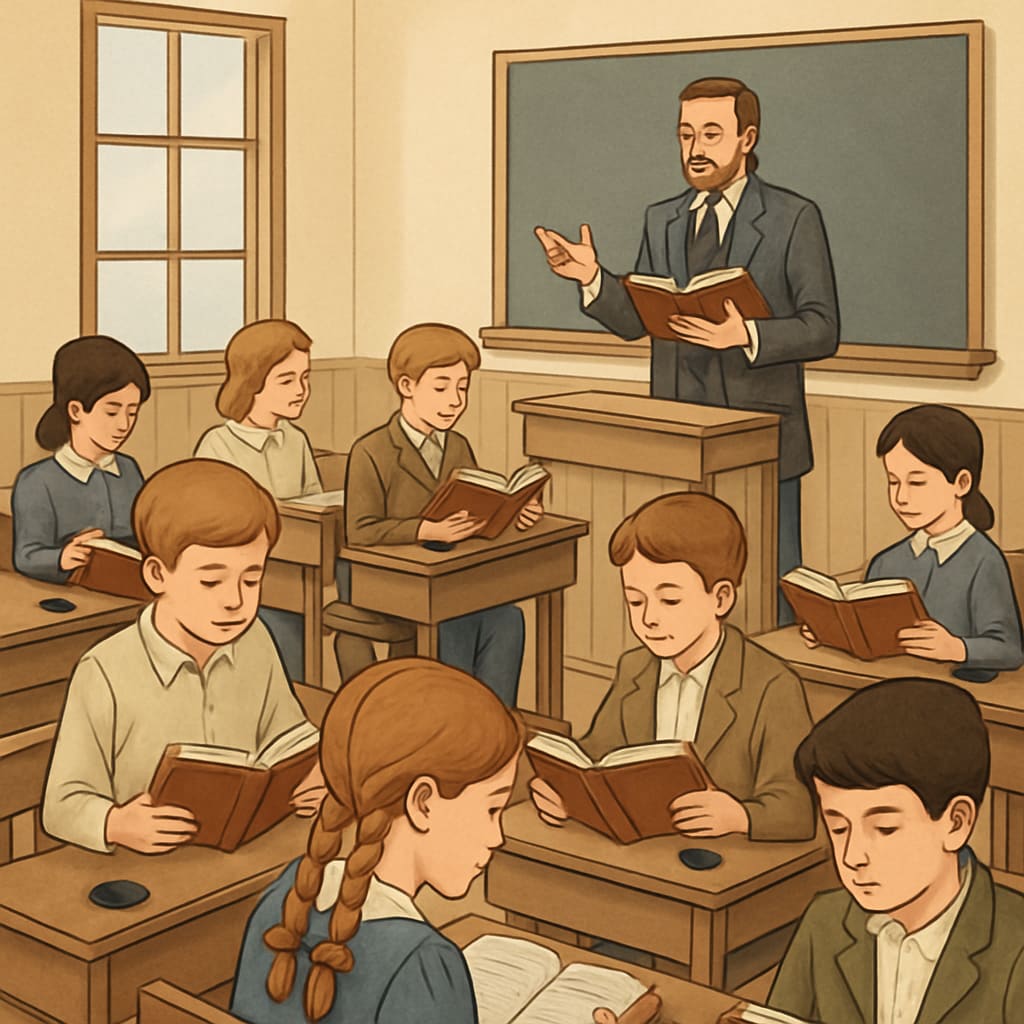 Vintage black-and-white illustration of a traditional classroom with wooden desks, inkwells, and students reading leather-bound volumes Classical education historical classroom scene