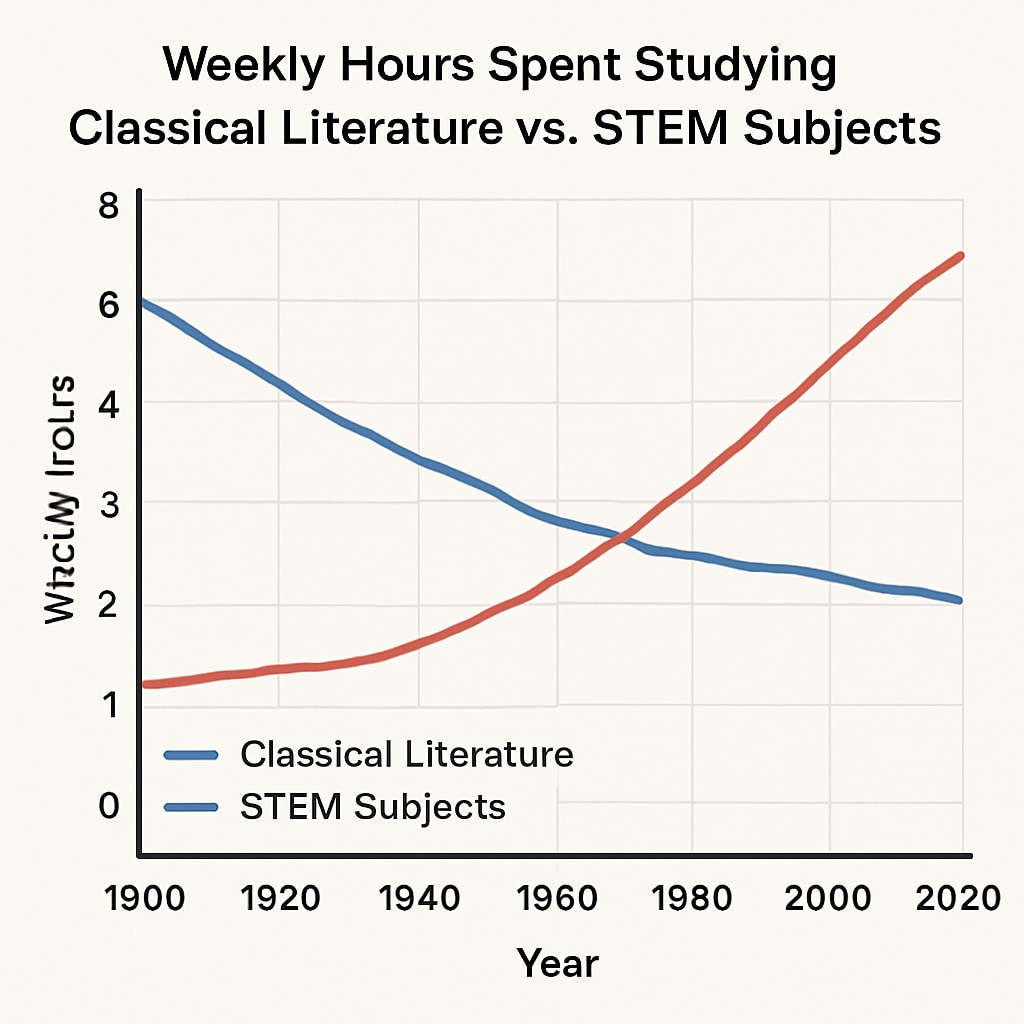 Line graph comparing weekly hours spent studying classical literature versus STEM subjects across 20th century Historical decline of classical education hours