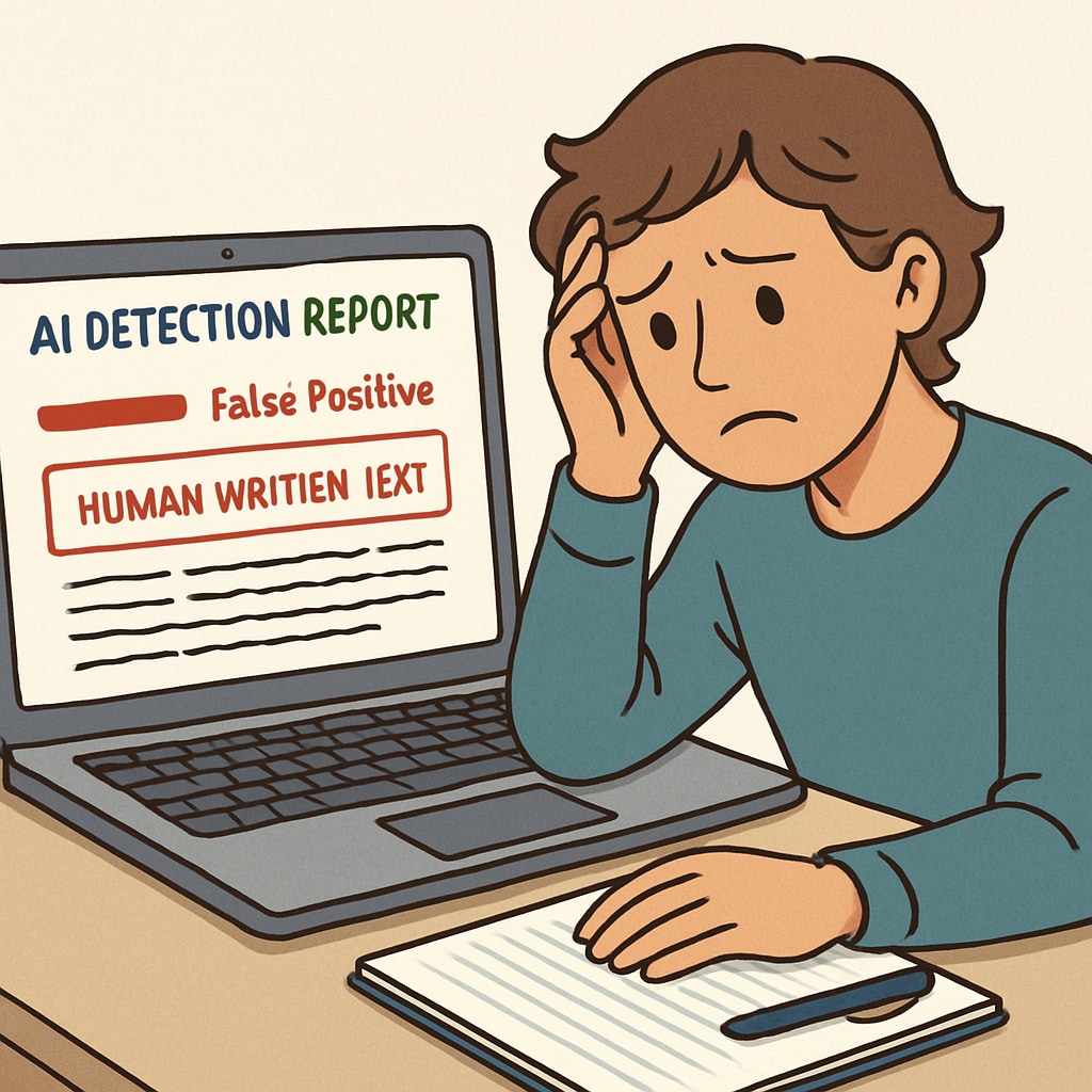 A laptop displaying an AI detection report with false positive results, showing human-written text incorrectly flagged as AI-generated. The student appears distressed while reviewing the report. AI detector falsely accusing student work with academic integrity warning