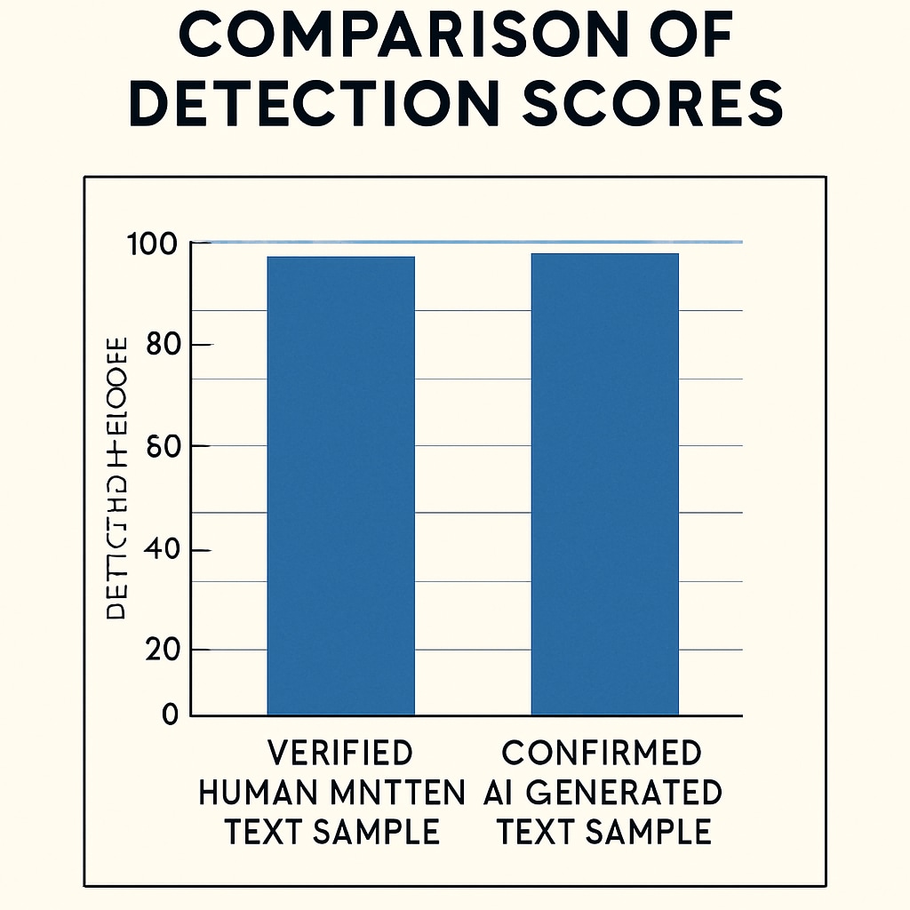 Comparative infographic showing identical detection scores for verified human-written and confirmed AI-generated text samples, proving the tool's inability to distinguish between them reliably. AI detection tool failure demonstrated through text comparison