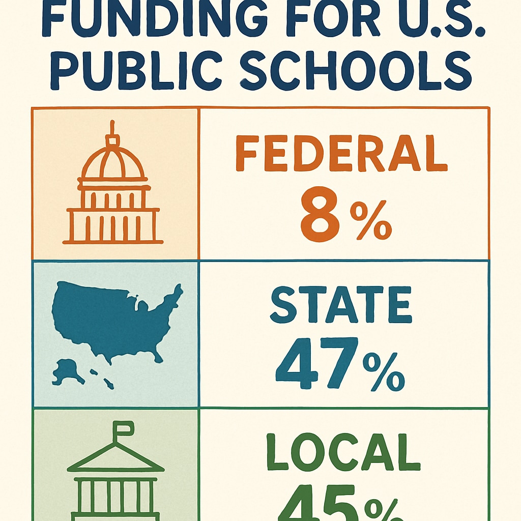 Color-coded infographic comparing federal, state, and local funding percentages for U.S. public schools Visual breakdown of government education expenditure proportions 2015-2024