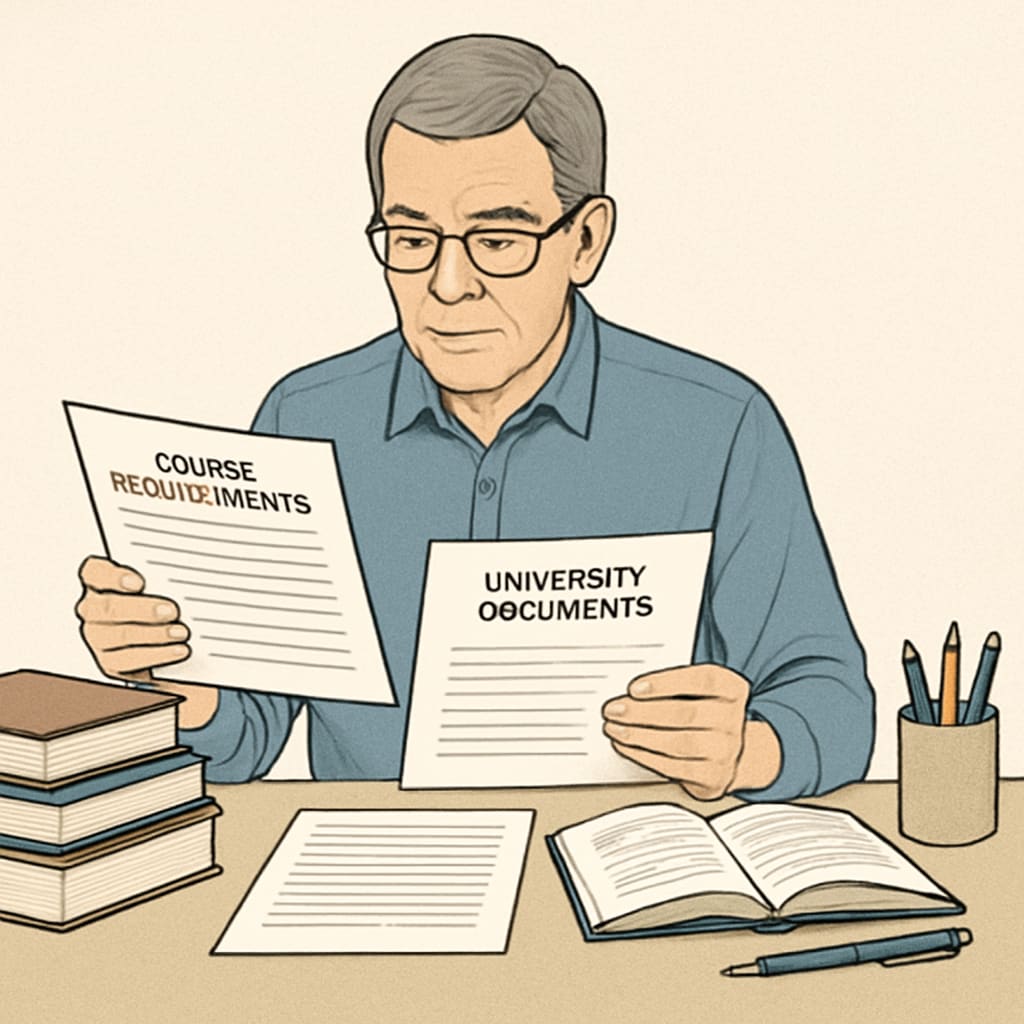 A mature student examining university documents and comparing course requirements Adult learner evaluating credit transfer options for degree completion