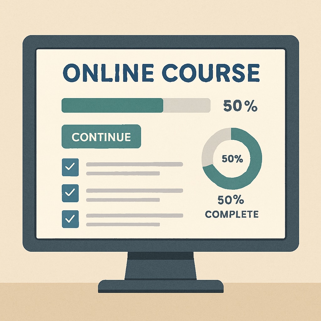 Computer screen displaying online course interface with progress tracking features Digital tools supporting continuing education and degree completion