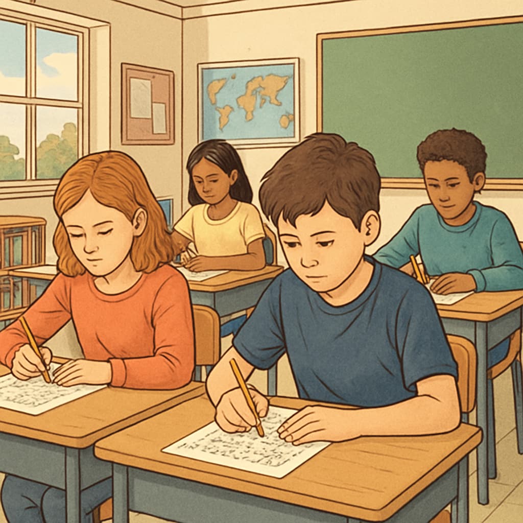 Middle school students taking a standardized test in a bright classroom, showing concentration and focus Gifted students participating in early ACT testing