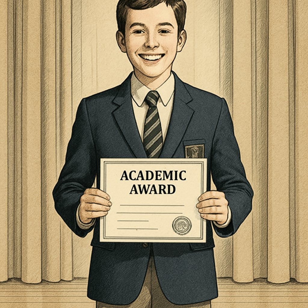 Teenage student receiving an academic award on stage, smiling with certificate Gifted student recognition ceremony
