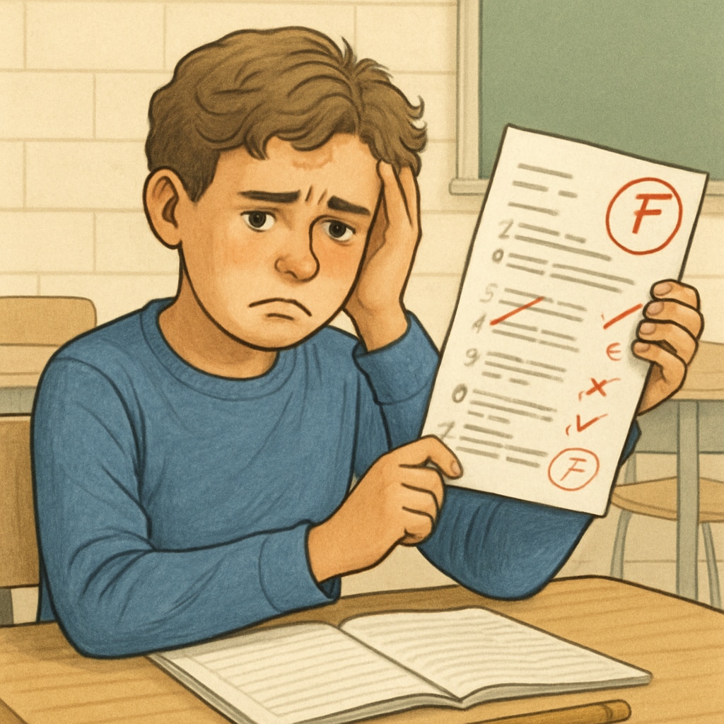 A middle school student looking distressed while holding a graded test paper with visible red marks Student stress caused by traditional grading systems in education