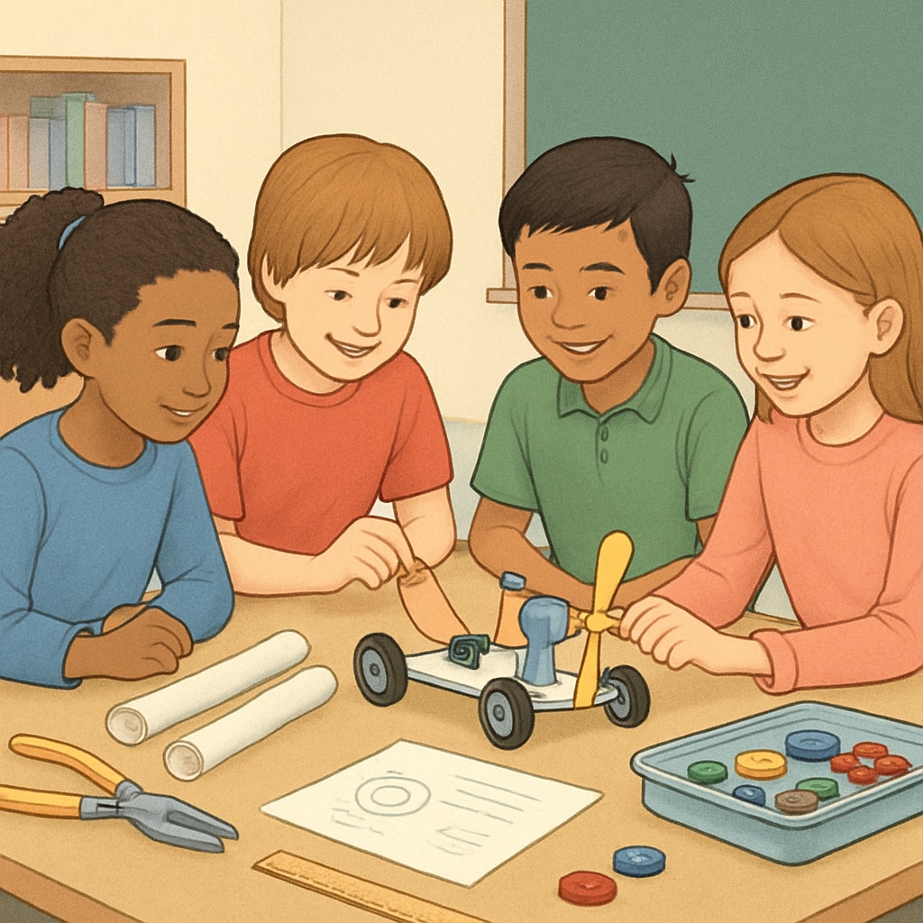 Diverse group of elementary students working together on a STEM project at a table Collaborative learning as alternative to traditional grading in education
