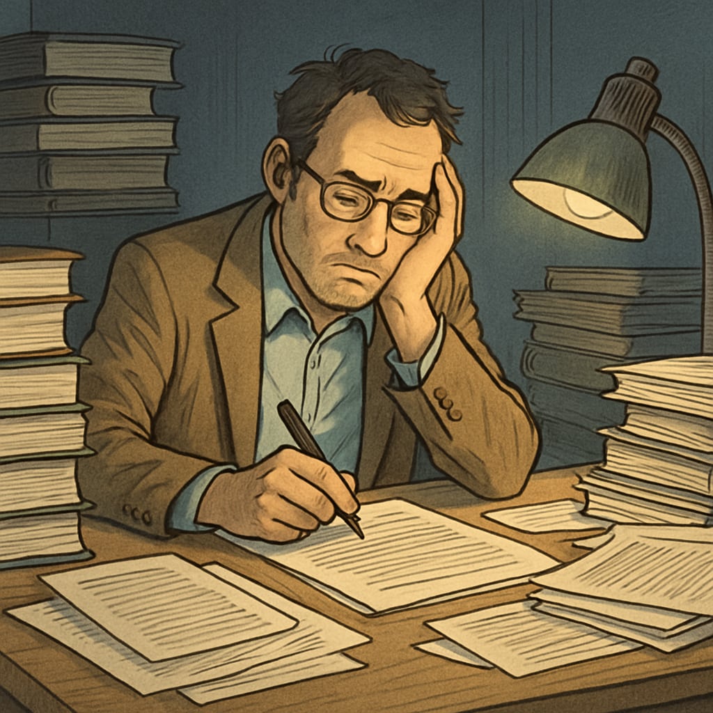 An exhausted adjunct professor working late surrounded by research materials, highlighting the unpaid labor burden Adjunct faculty research pressure for AACSB accreditation compliance
