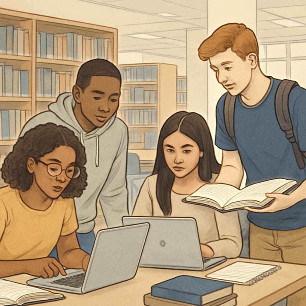 Diverse group of high school and college-aged students collaborating in modern university library environment Grade-skipping students engaged in collegiate academic work