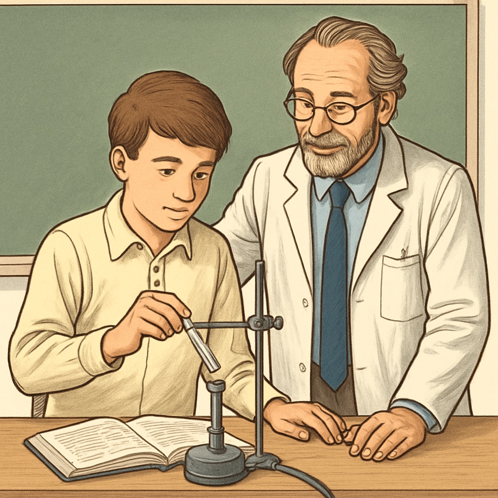 Young student receiving one-on-one guidance from professor during science experiment Early college admission mentoring in STEM field