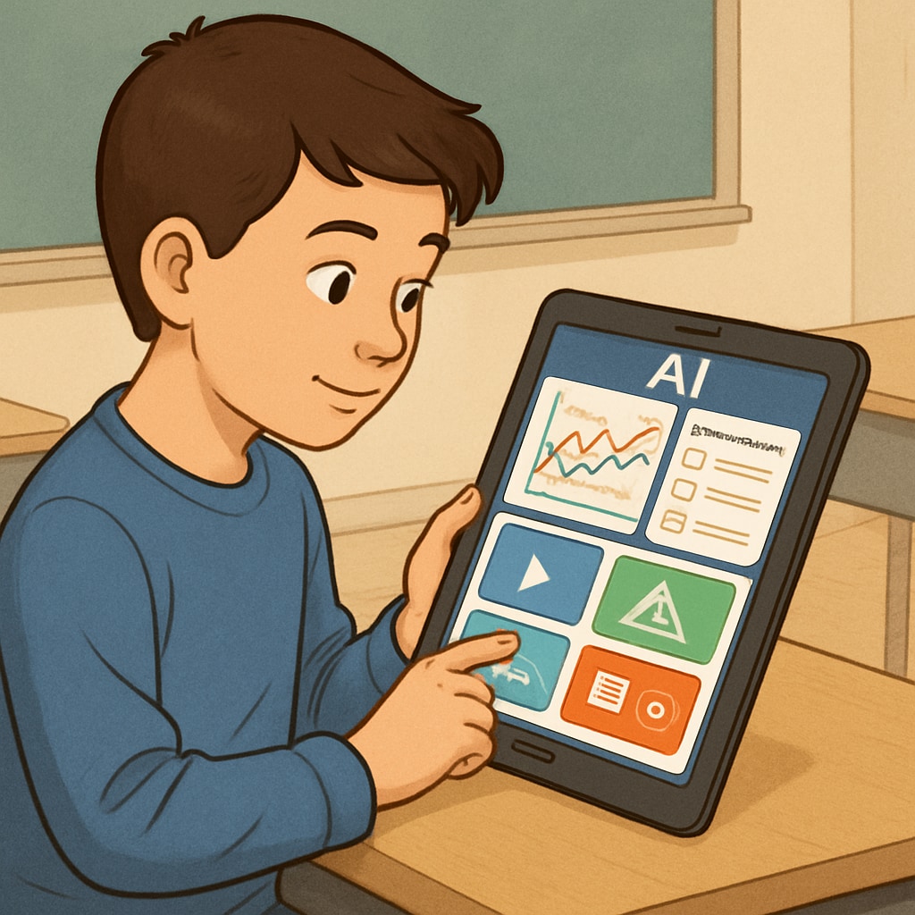 A middle school student interacts with an AI-powered educational tablet showing dynamic learning graphs and personalized task recommendations AI education tools providing real-time feedback and deep work tracking for students